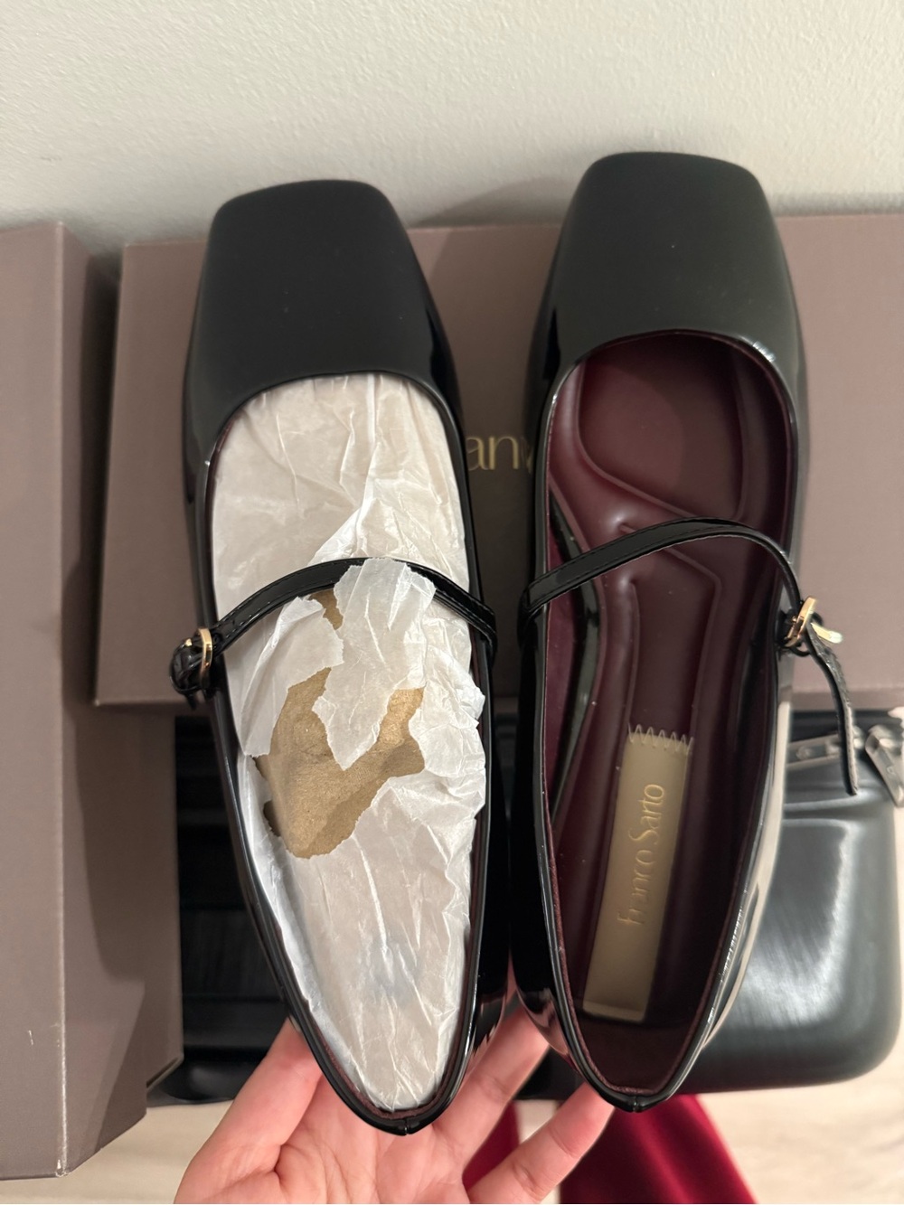 Franco Sarto Black Patent Mary Jane Flats with Burgundy Insole